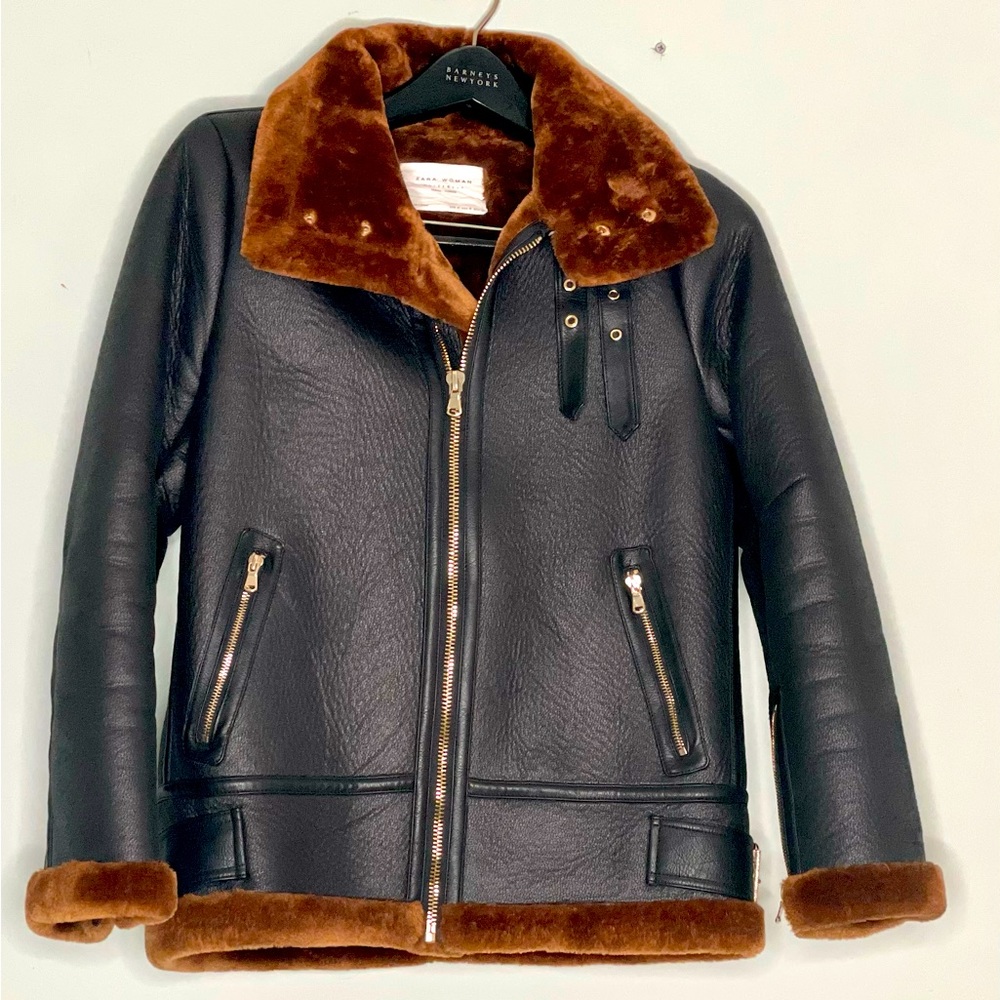 Zara Jacket Black with Brown Faux Shearling Fur Accents